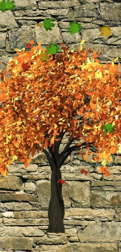 Autumn tree with orange leaves on a stone wall background.