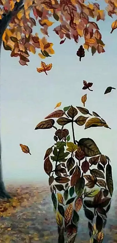 Artistic autumn scene with leaf silhouette and tree.