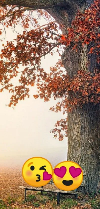 Autumn tree with emojis on a bench.