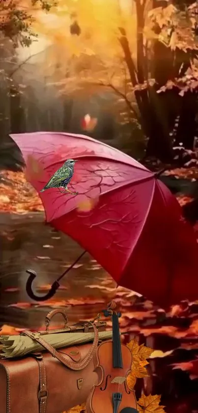 Red umbrella in an autumn forest with a violin and bird.