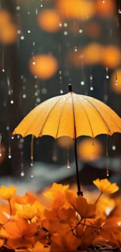 Yellow umbrella in autumn rain with orange leaves.