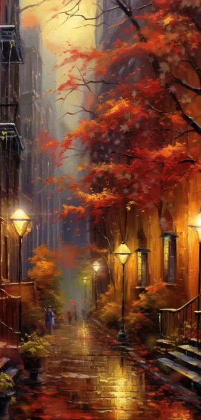 A serene autumn alleyway with streetlights and colorful trees.