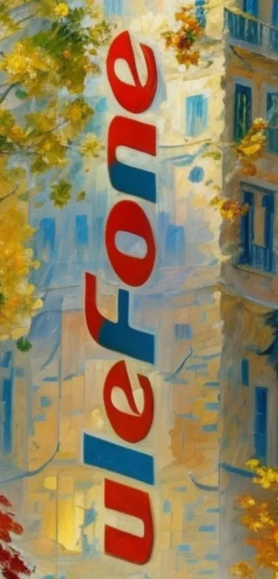 Colorful autumn urban wall art with leaves and building.