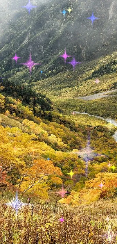 Autumn landscape with misty valley and vibrant foliage.