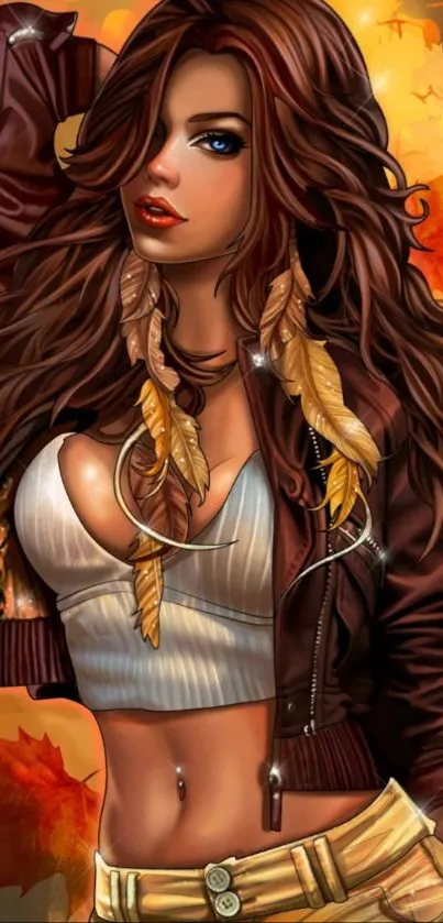 Anime girl with autumn leaves and brown jacket in fall setting.