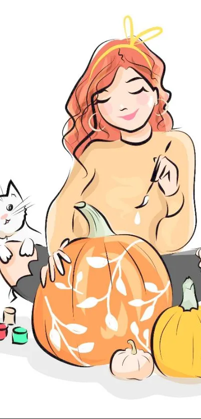 Girl painting pumpkins with a cat, vibrant and cozy autumn art.