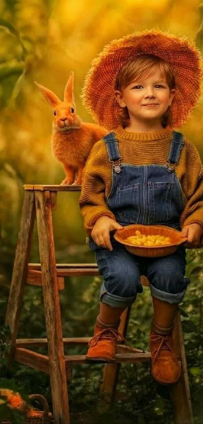 Child in autumn attire with rabbit on ladder, surrounded by nature.