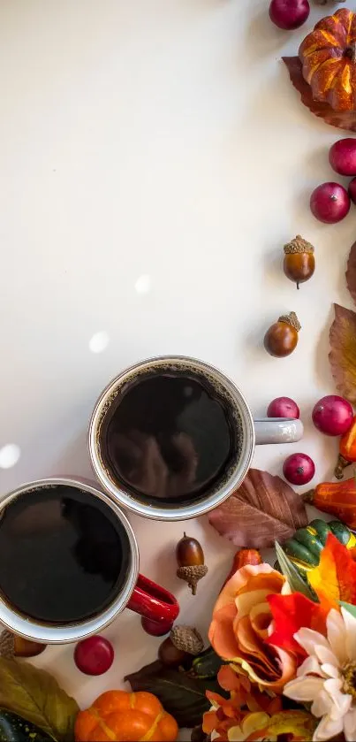 Autumn-themed wallpaper with coffee cups, pumpkins, and colorful leaves.