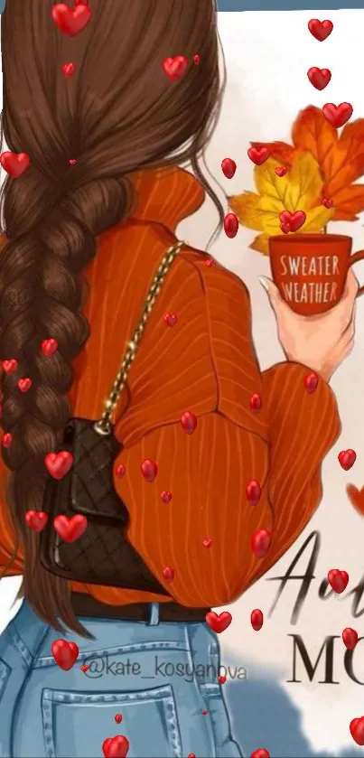 Stylish woman with braid holding coffee, surrounded by hearts.