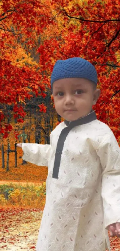 Child in traditional wear amidst vibrant autumn forest.