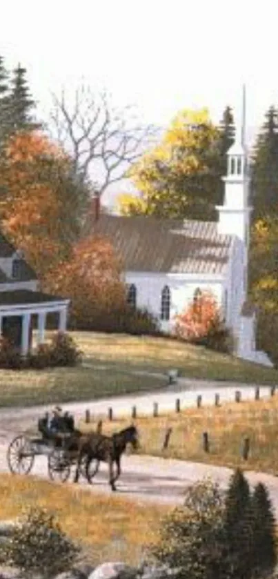 Horse-drawn carriage in autumn village with church and fall colors.