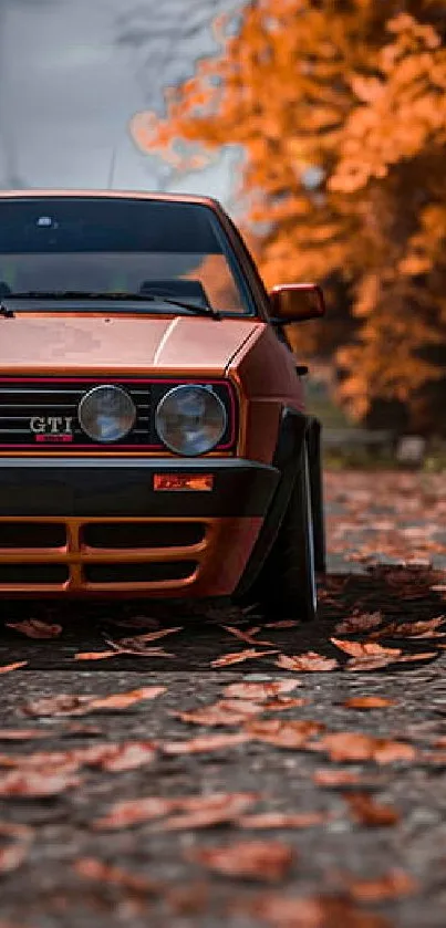 Vintage car on an autumn leaf-covered road.