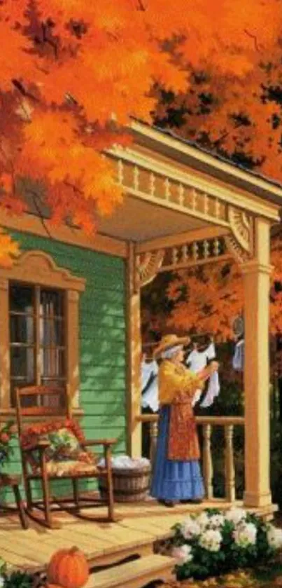 Vintage autumn porch with orange leaves surrounding a cozy scene.