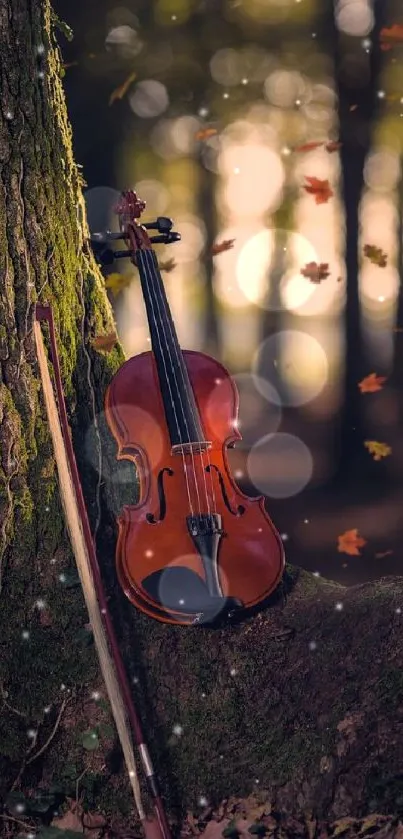 Violin leaning against a tree in a serene autumn forest with falling leaves.