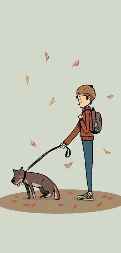 Cartoon character walking a dog surrounded by autumn leaves.