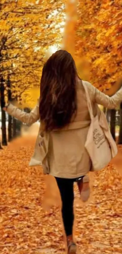 Woman walking through orange autumn leaf path.