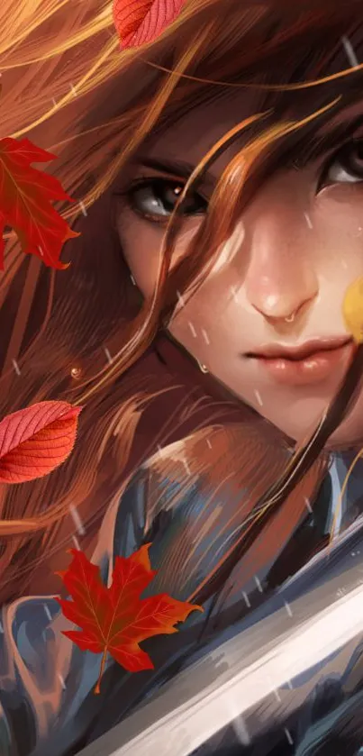 Autumn theme warrior art with vibrant leaves and sword.
