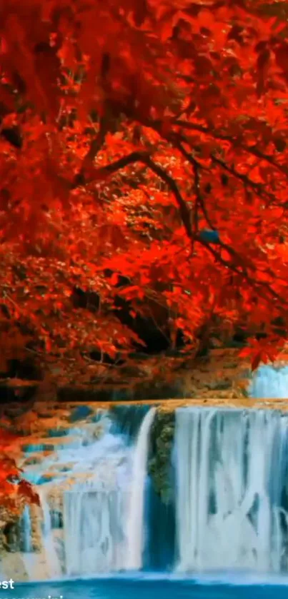 Autumn foliage with cascading waterfall wallpaper.