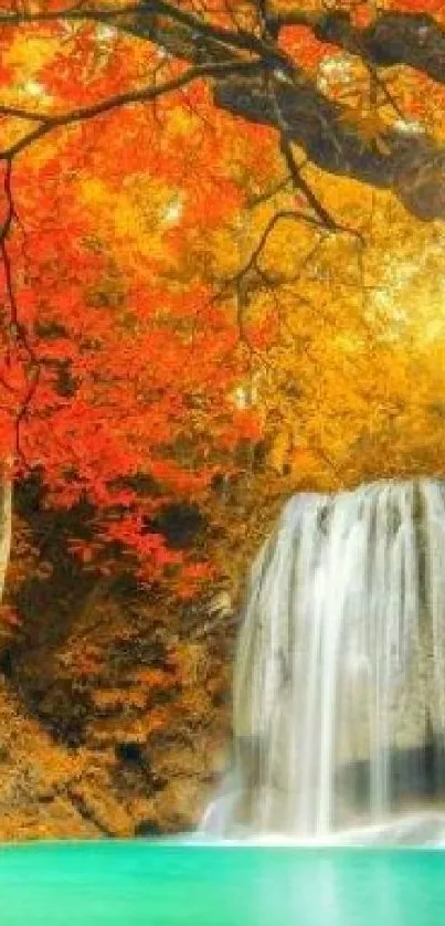 Vibrant autumn forest with a serene waterfall.