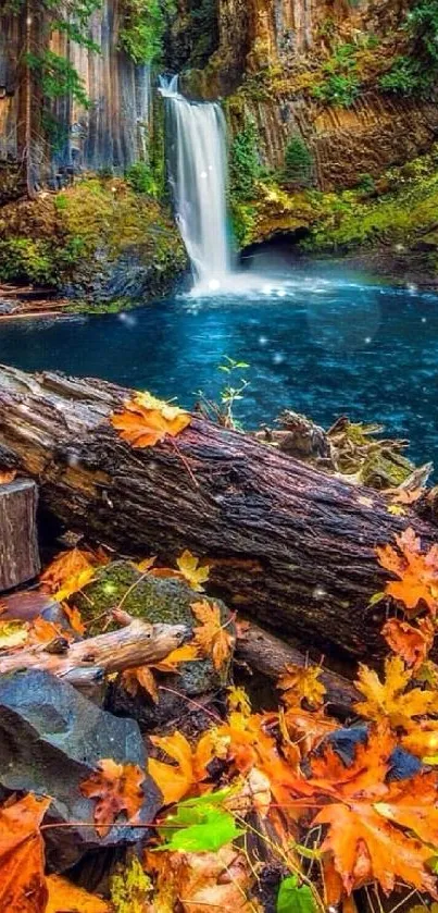 Autumn waterfall with colorful leaves and serene water.