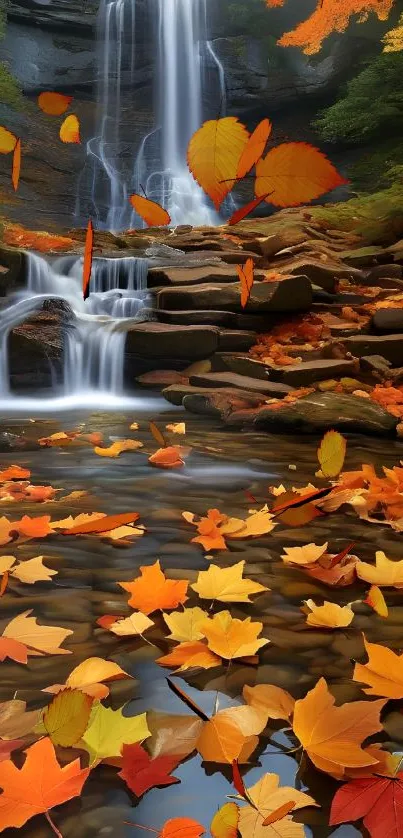 Autumn scene with waterfall and vibrant fallen leaves.