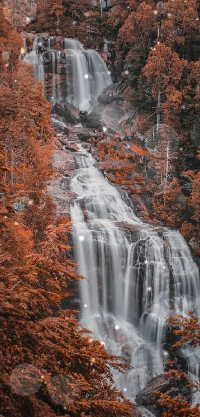 Rustic autumn waterfall in a forest setting.