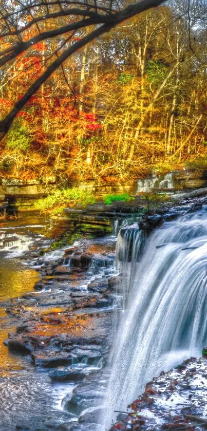 Beautiful autumn waterfall with vibrant foliage.