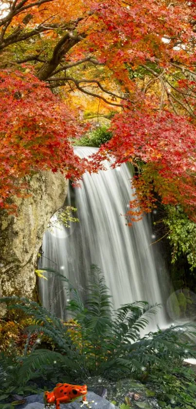 Scenic waterfall framed by vibrant autumn leaves.