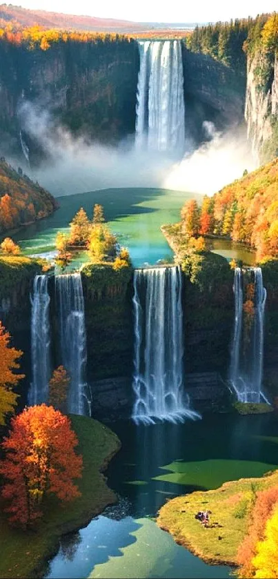 Autumn waterfall with vibrant foliage and serene landscape.