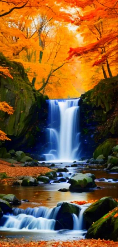 Waterfall with vivid autumn leaves in a serene forest setting.