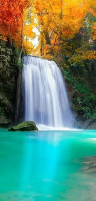 Serene waterfall with vibrant autumn foliage and turquoise waters.