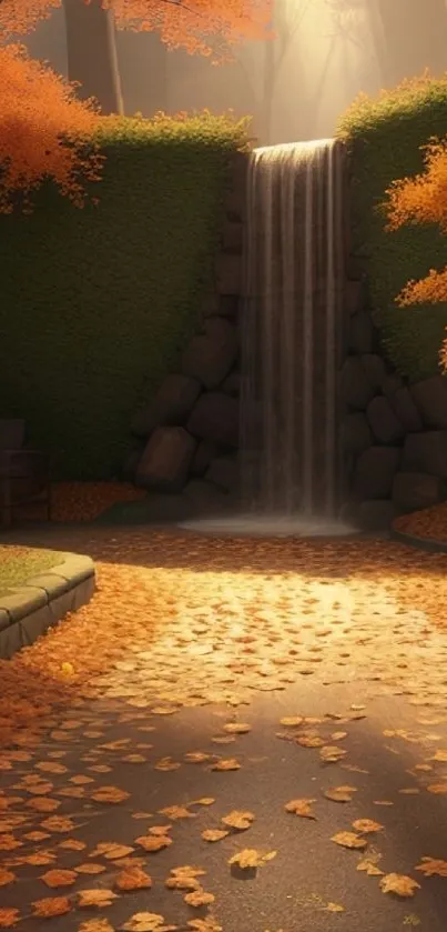 Serene autumn scene with waterfall and fall leaves.