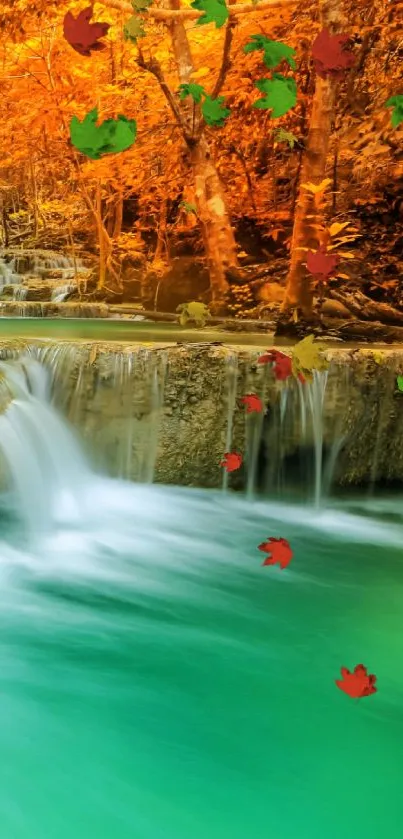 Autumn waterfall with vibrant foliage and serene water.