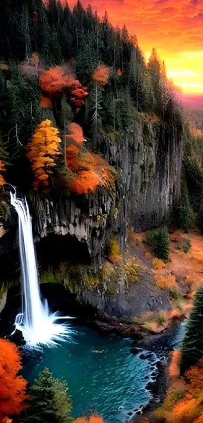 Autumn waterfall with vibrant sunset and forest.