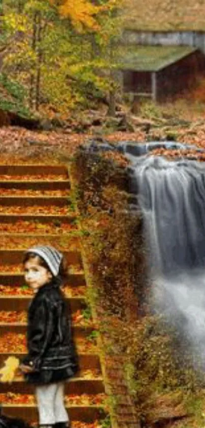 Child standing by autumn staircase next to a waterfall.