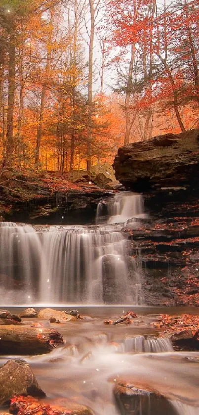 Tranquil waterfall with orange autumn foliage.