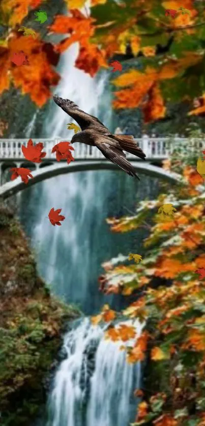 Majestic eagle flying over autumn waterfall with colorful leaves.