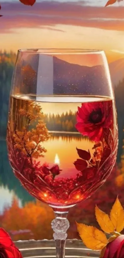 Wine glass reflecting autumn landscape and sunset.