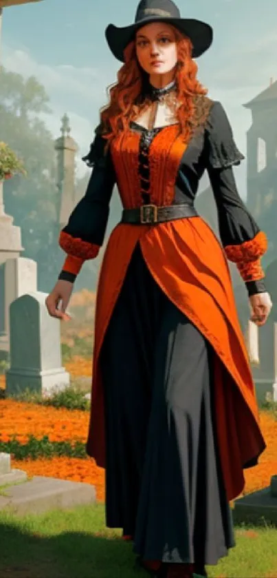 Witch in autumn cemetery with vibrant leaves and gothic crosses.