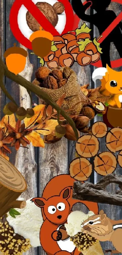 Colorful autumn scene with animals on wood.