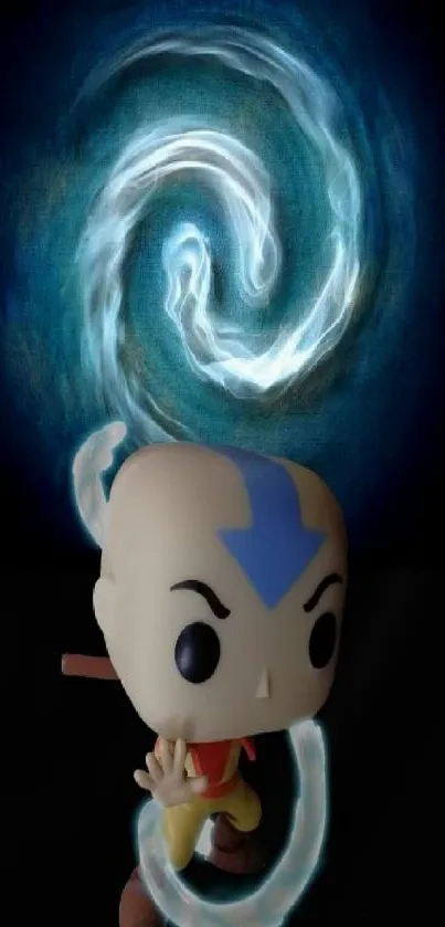 Stylized character with water spiral on dark blue background.