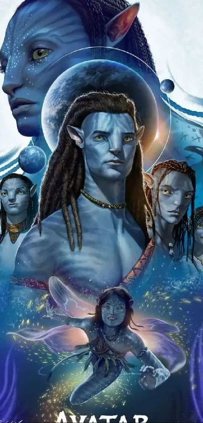 Avatar-inspired wallpaper featuring Na'vi characters in a vibrant blue theme.