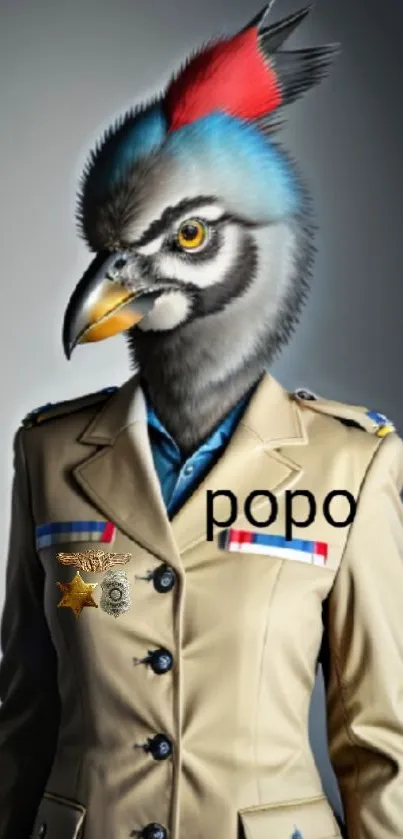 Surreal wallpaper of a bird-headed officer in a beige uniform.