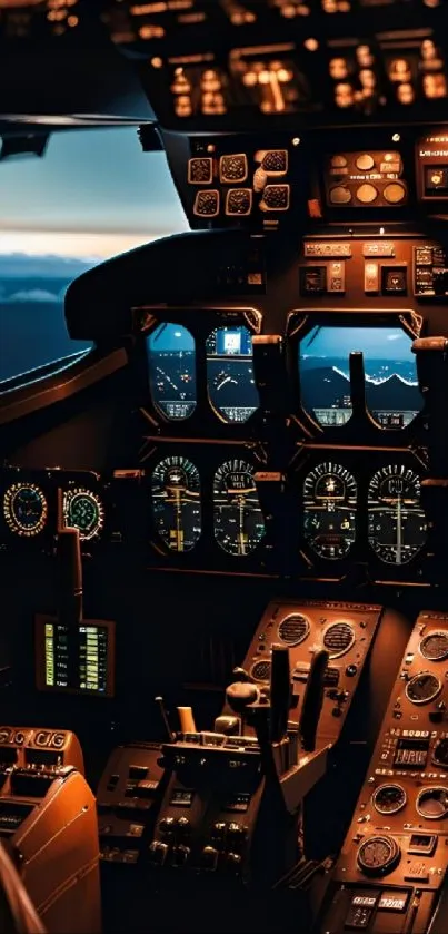 Intricate cockpit view with illuminated dials at dusk.