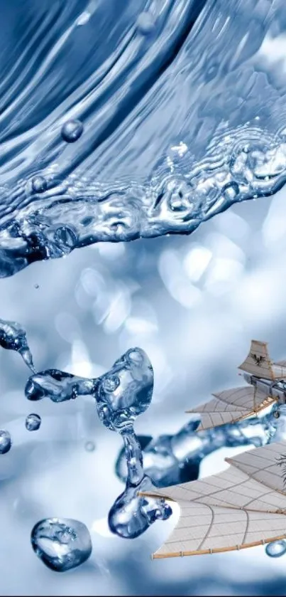 Fantasy aviation and water splash wallpaper in blue tones.