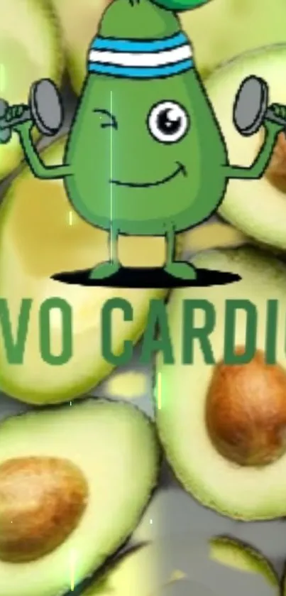 Avocado cartoon doing cardio on a mobile wallpaper background.