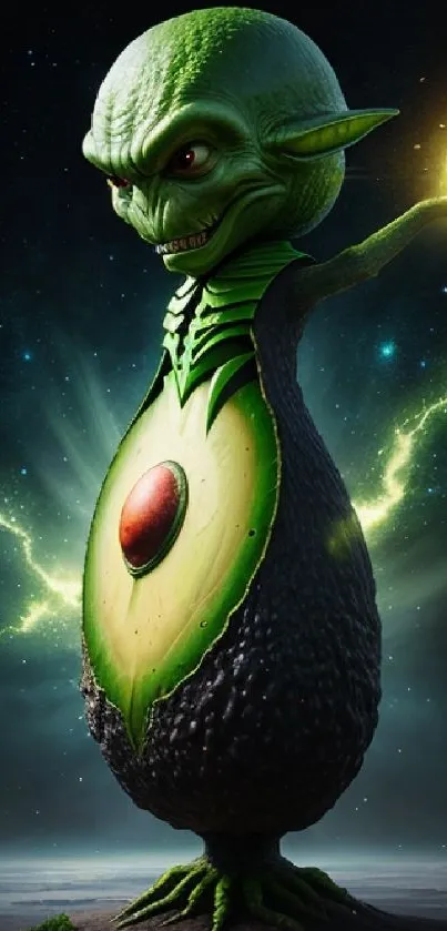 Green alien avocado with energy aura wallpaper.