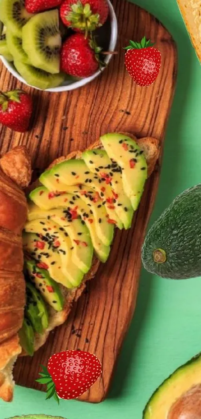 Avocado sandwich with fresh fruits on a wooden board, vibrant green background.
