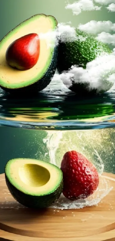 Mobile wallpaper featuring an avocado and strawberry with artistic splash effect.