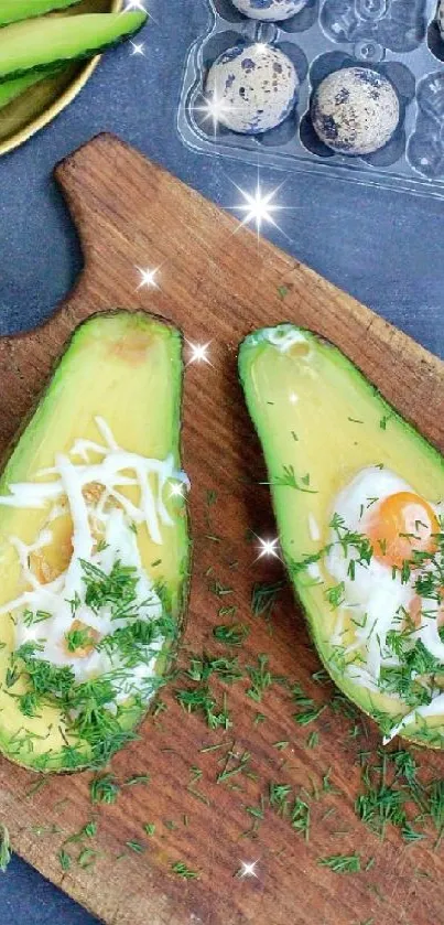 Avocado with eggs on rustic board, alongside herbs and quail eggs.